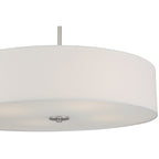 A close-up view of the Access Lighting Mid Town LED Pendant or Semi-Flush in brushed steel, featuring a 24-inch round white fabric shade with a central metal accent.