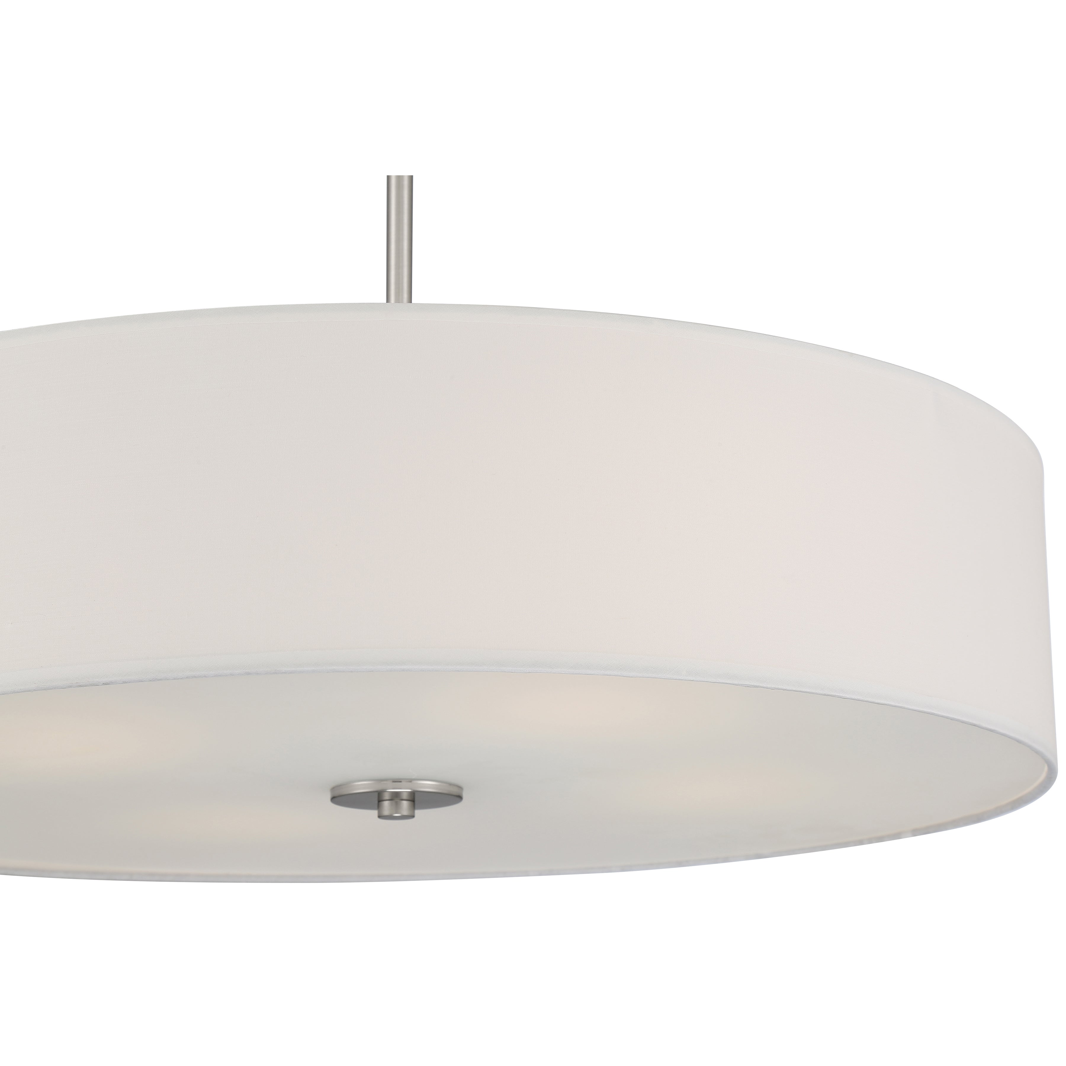 A close-up view of the Access Lighting Mid Town LED Pendant or Semi-Flush in brushed steel, featuring a 24-inch round white fabric shade with a central metal accent.