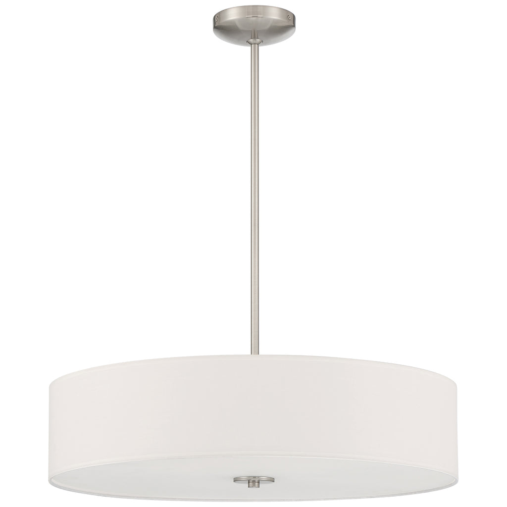 Introducing the Access Lighting Mid Town LED Pendant or Semi-Flush in Brushed Steel, featuring a 24″ round white drum shade and a sleek brushed metal rod and ceiling mount.
