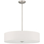 Introducing the Access Lighting Mid Town LED Pendant or Semi-Flush in Brushed Steel, featuring a 24″ round white drum shade and a sleek brushed metal rod and ceiling mount.