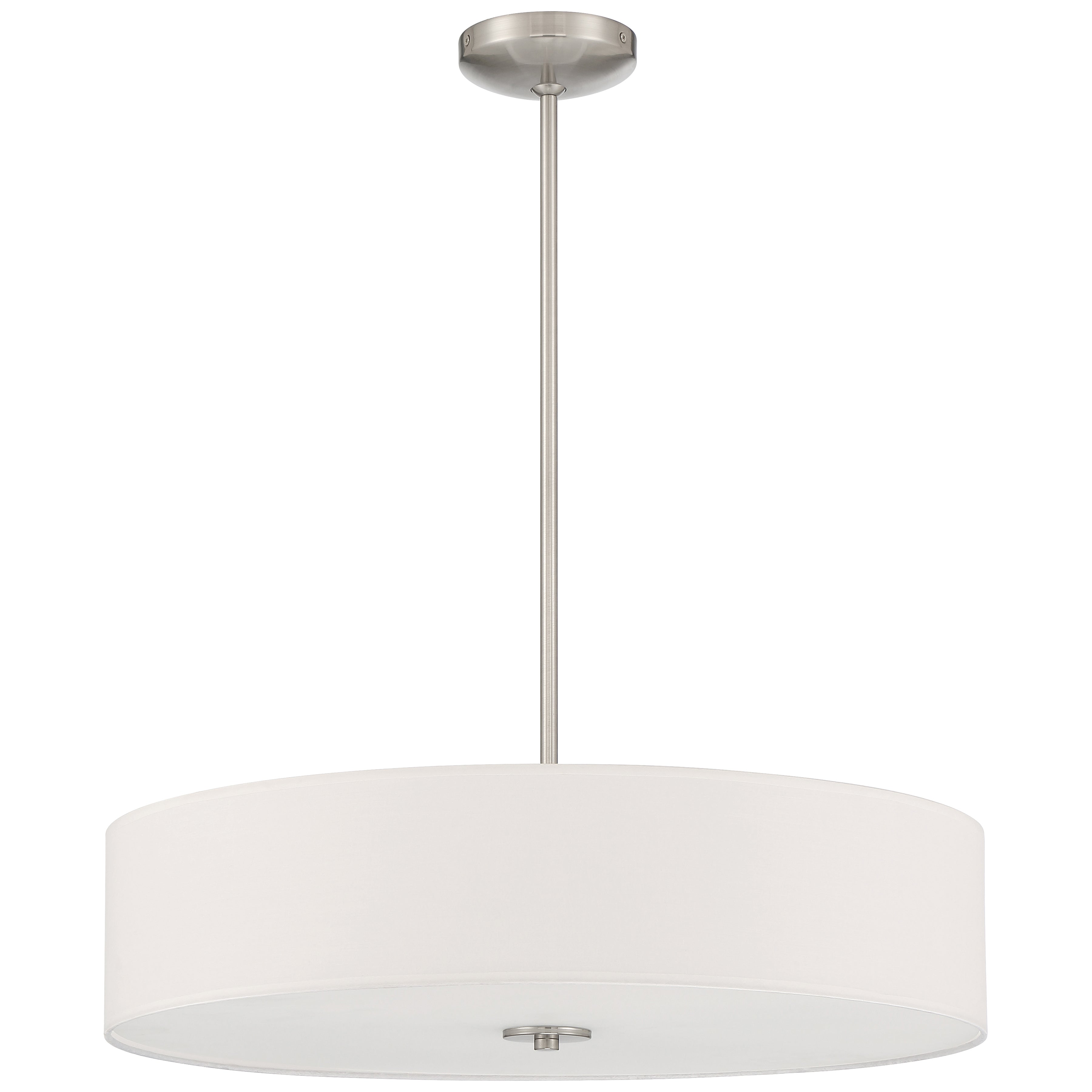 Introducing the Access Lighting Mid Town LED Pendant or Semi-Flush in Brushed Steel, featuring a 24″ round white drum shade and a sleek brushed metal rod and ceiling mount.