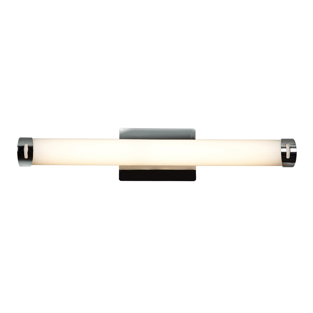 The Chic Round LED Vanity by Access Lighting is a modern wall-mounted light fixture featuring a cylindrical frosted glass shade, chrome end caps, and a sleek rectangular wall plate.
