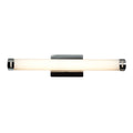 The Chic Round LED Vanity by Access Lighting is a modern wall-mounted light fixture featuring a cylindrical frosted glass shade, chrome end caps, and a sleek rectangular wall plate.