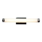 The Chic Round LED Vanity by Access Lighting is a modern wall-mounted light fixture featuring a cylindrical frosted glass shade, chrome end caps, and a sleek rectangular wall plate.