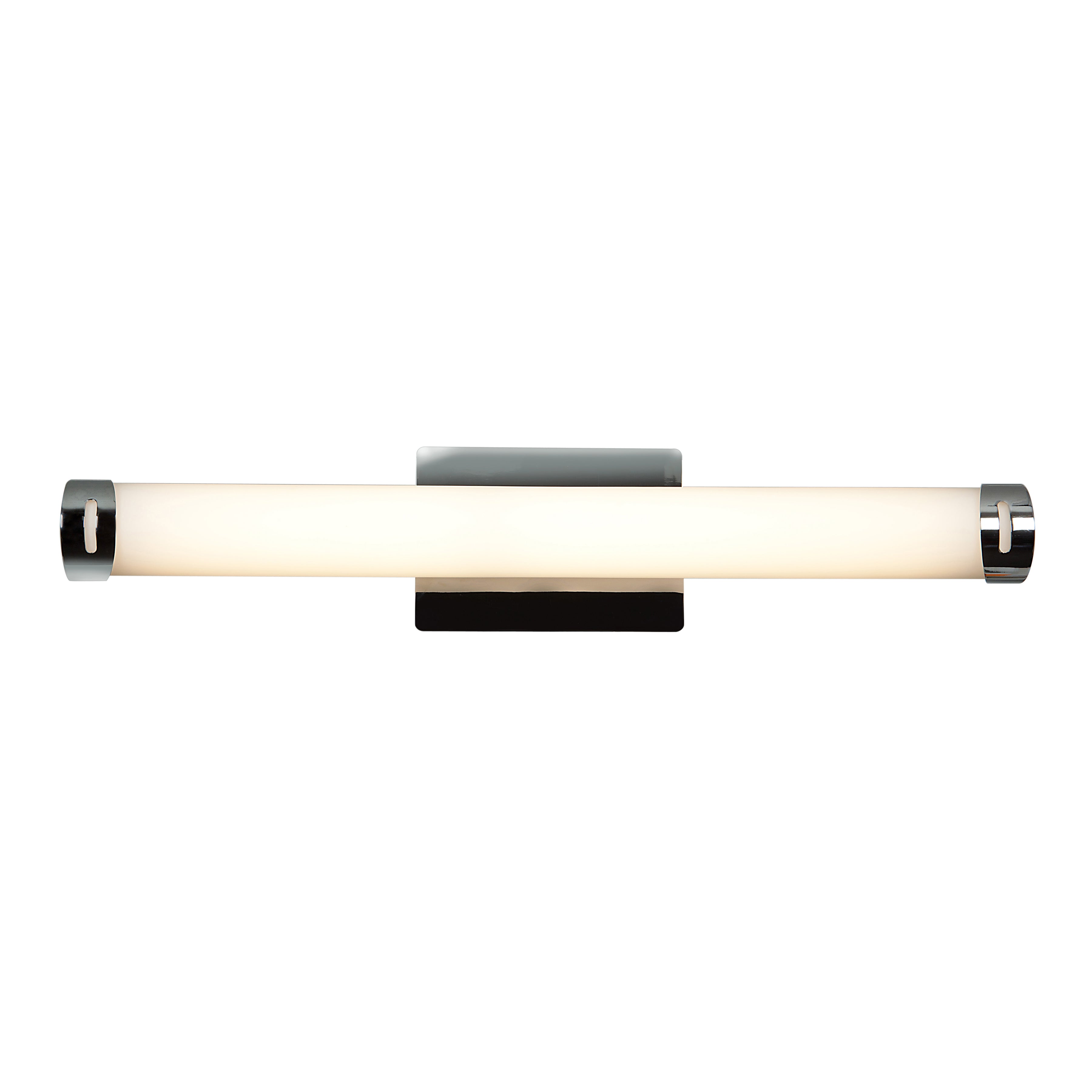 The Chic Round LED Vanity by Access Lighting is a modern wall-mounted light fixture featuring a cylindrical frosted glass shade, chrome end caps, and a sleek rectangular wall plate.