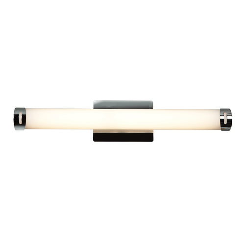 The Chic Round LED Vanity by Access Lighting is a modern wall-mounted light fixture featuring a cylindrical frosted glass shade, chrome end caps, and a sleek rectangular wall plate.