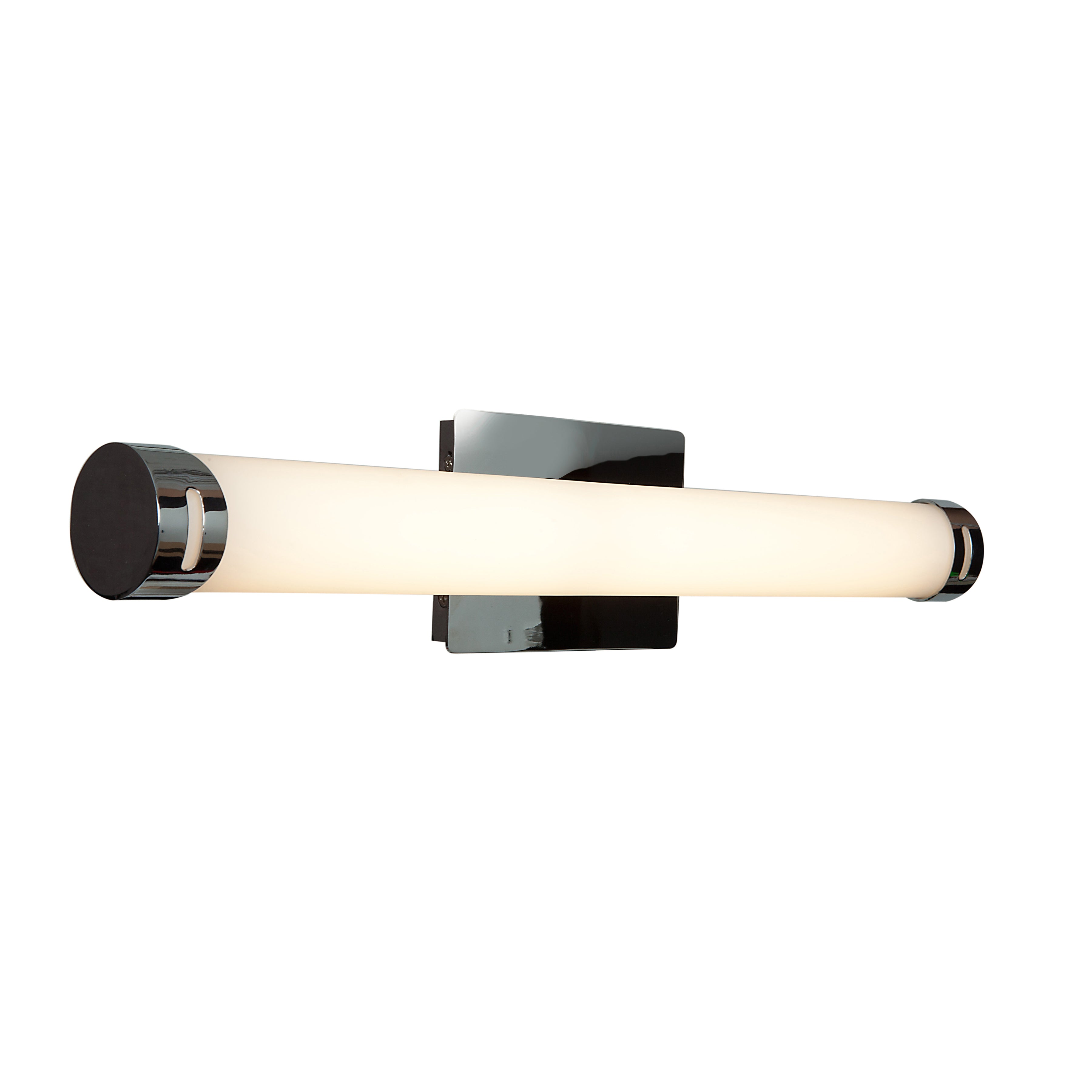 Chic Round LED Vanity by Access Lighting features a wall-mounted cylindrical design with chrome end caps and a frosted tube diffuser, attached to a rectangular metal base.