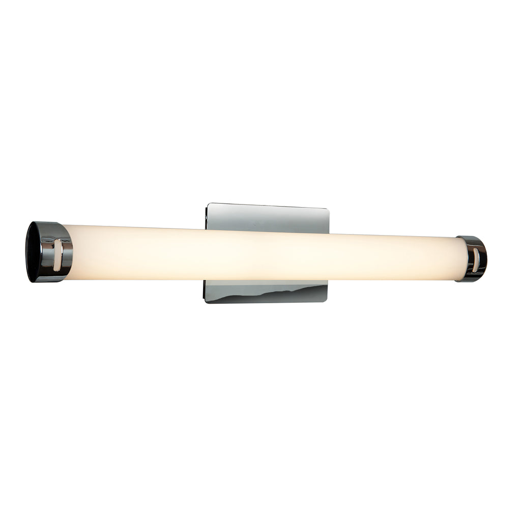 Access Lighting Chic Round LED Vanity—a wall-mounted cylindrical LED fixture featuring a frosted white diffuser, chrome end caps, and a rectangular chrome mounting plate.