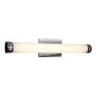 Access Lighting Chic Round LED Vanity—a wall-mounted cylindrical LED fixture featuring a frosted white diffuser, chrome end caps, and a rectangular chrome mounting plate.
