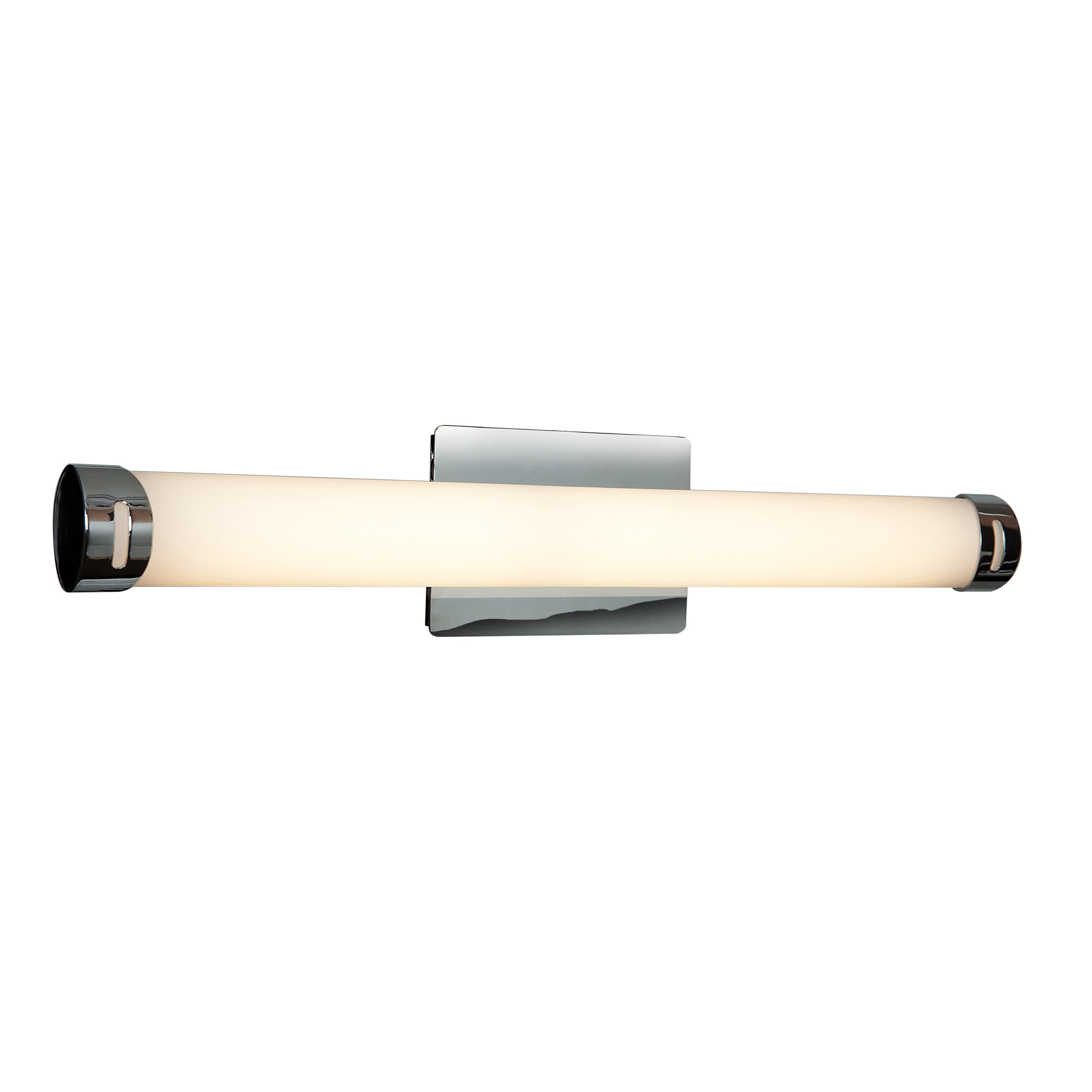 Access Lighting Chic Round LED Vanity—a wall-mounted cylindrical LED fixture featuring a frosted white diffuser, chrome end caps, and a rectangular chrome mounting plate.