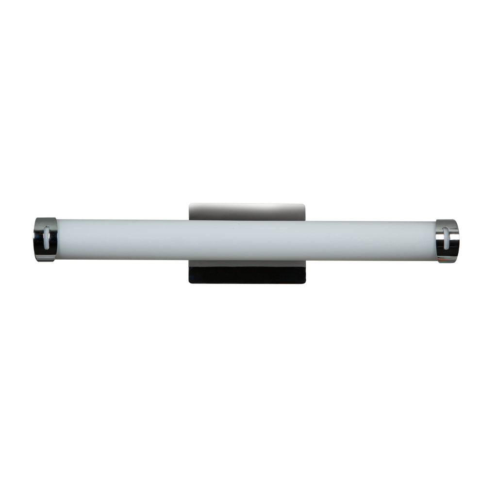 A front view of the Chic Round LED Vanity by Access Lighting, a wall-mounted tube-shaped fixture featuring a white cylindrical shade and metallic end caps, set against a white background.