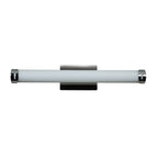 A front view of the Chic Round LED Vanity by Access Lighting, a wall-mounted tube-shaped fixture featuring a white cylindrical shade and metallic end caps, set against a white background.