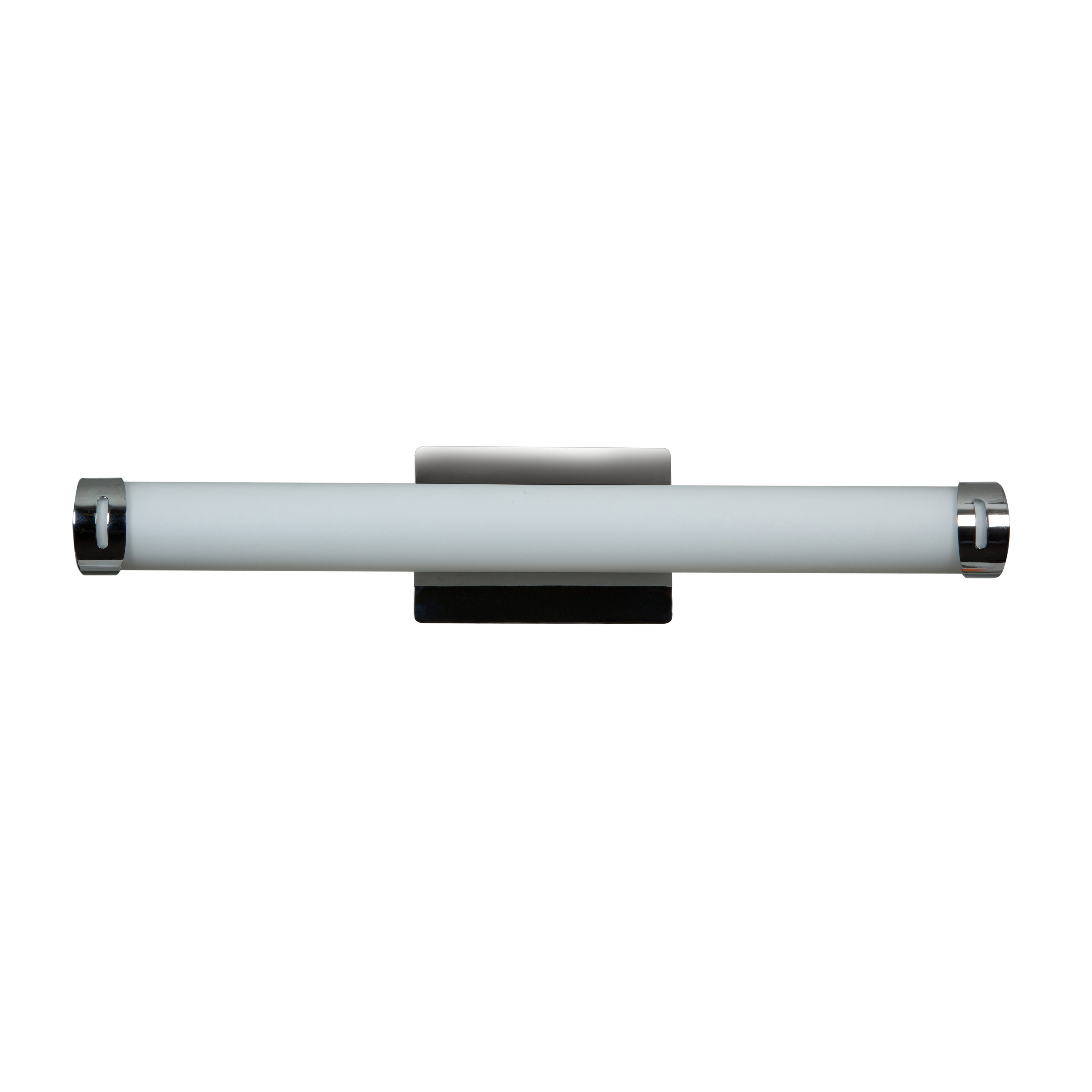 A front view of the Chic Round LED Vanity by Access Lighting, a wall-mounted tube-shaped fixture featuring a white cylindrical shade and metallic end caps, set against a white background.