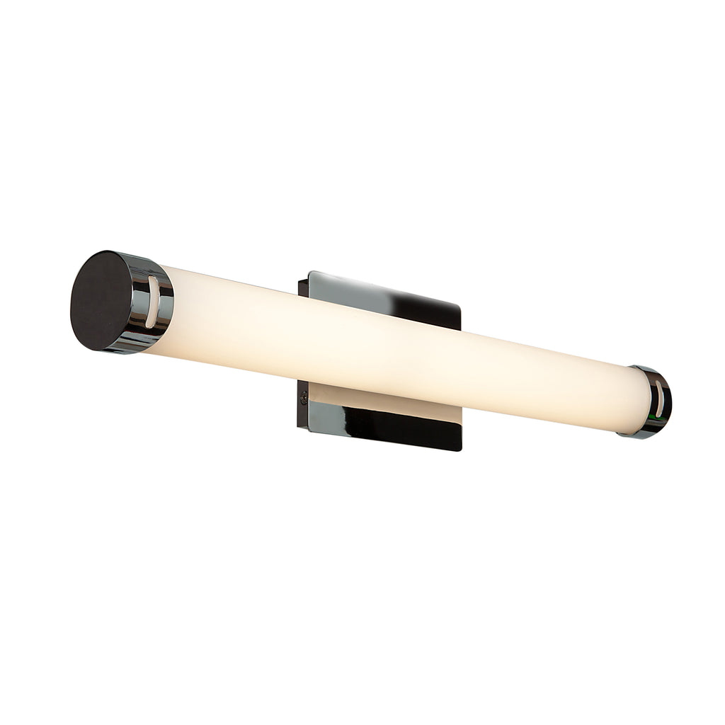 The Chic Round LED Vanity by Access Lighting is a modern wall-mounted light fixture featuring a cylindrical frosted tube with metallic end caps, all attached to a rectangular base.