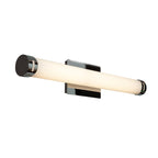 The Chic Round LED Vanity by Access Lighting is a modern wall-mounted light fixture featuring a cylindrical frosted tube with metallic end caps, all attached to a rectangular base.