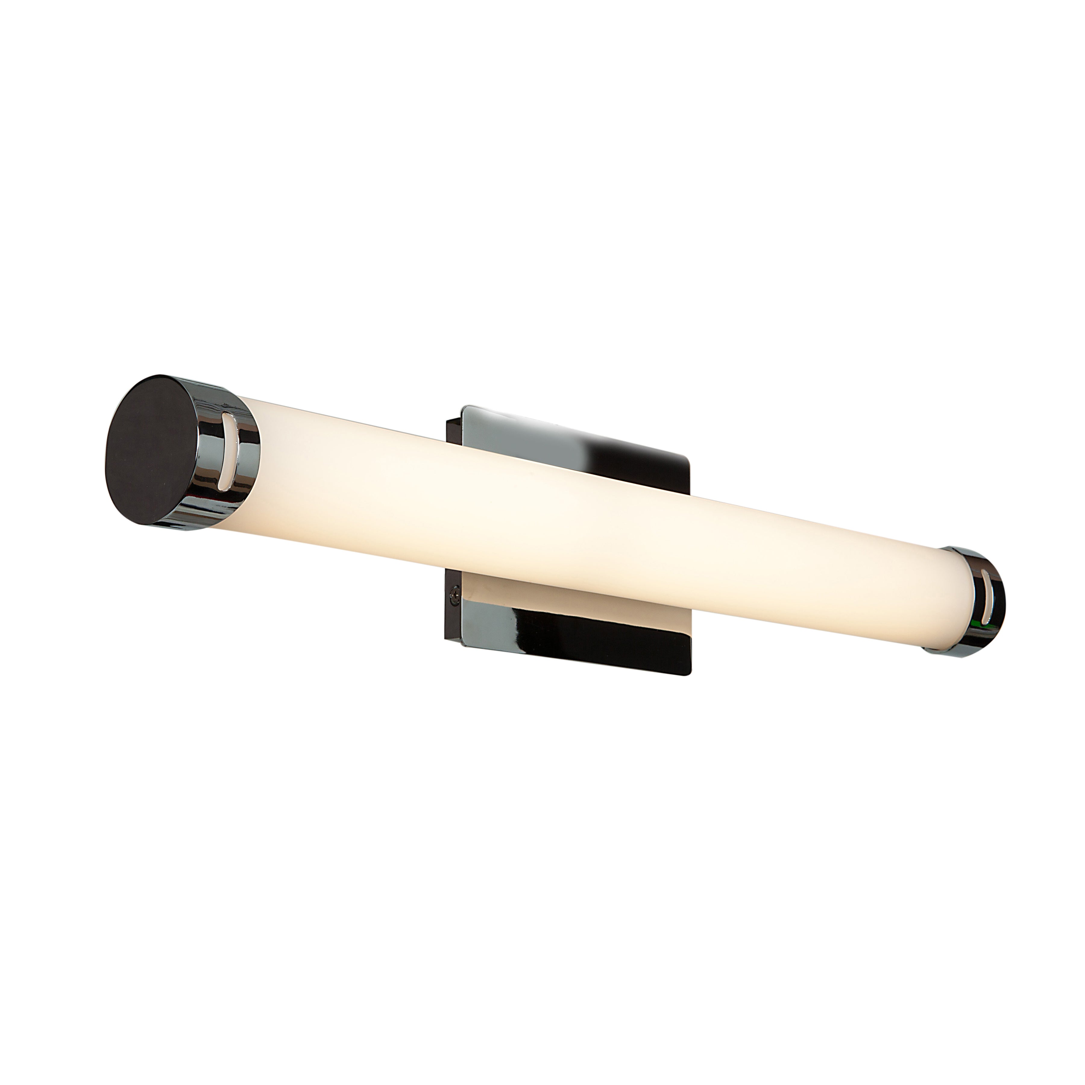 The Chic Round LED Vanity by Access Lighting is a modern wall-mounted light fixture featuring a cylindrical frosted tube with metallic end caps, all attached to a rectangular base.