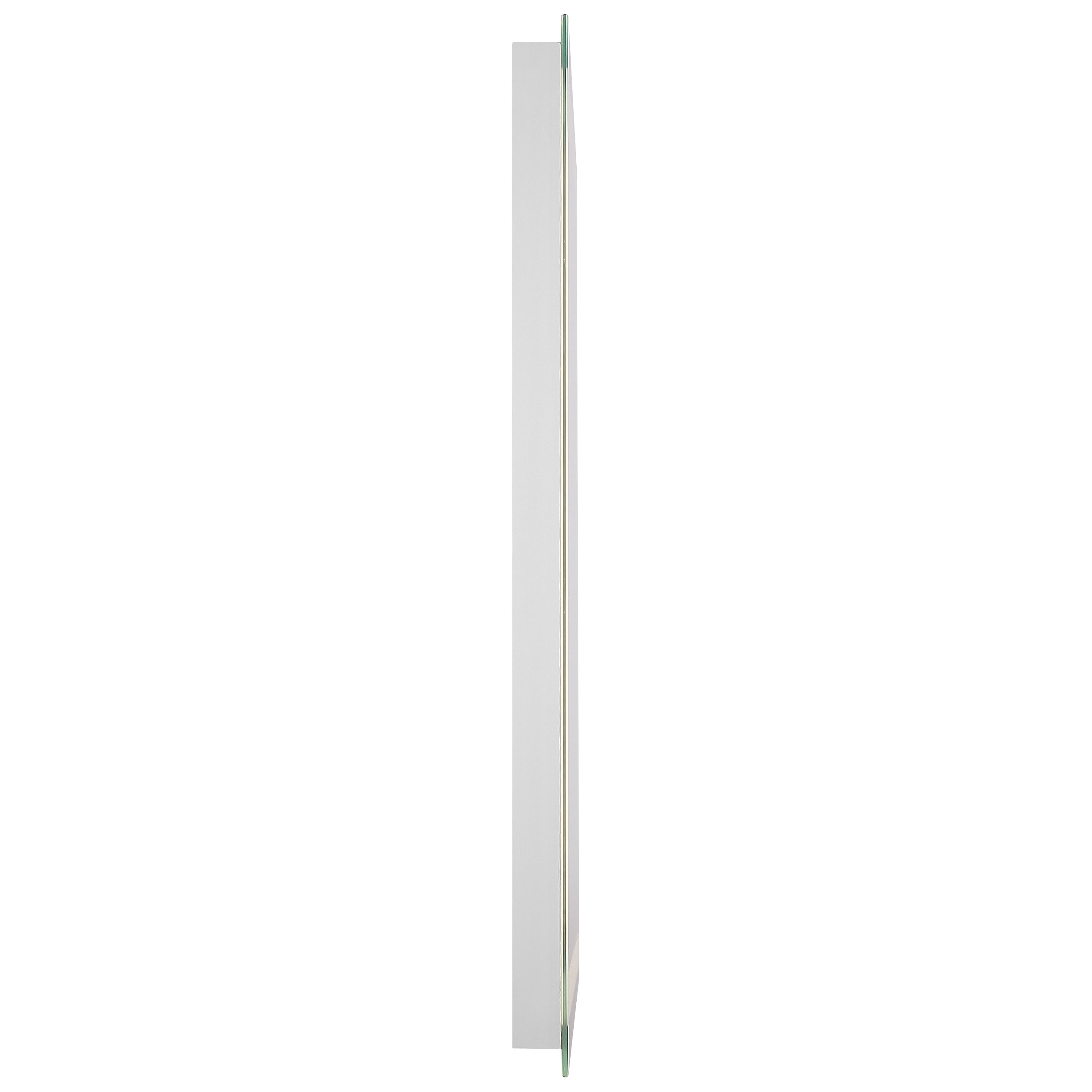 Side view of the Access Lighting Peninsula 36x48 LED Mirror, featuring a rectangular frame with a white backing and glass front, photographed against a white background.