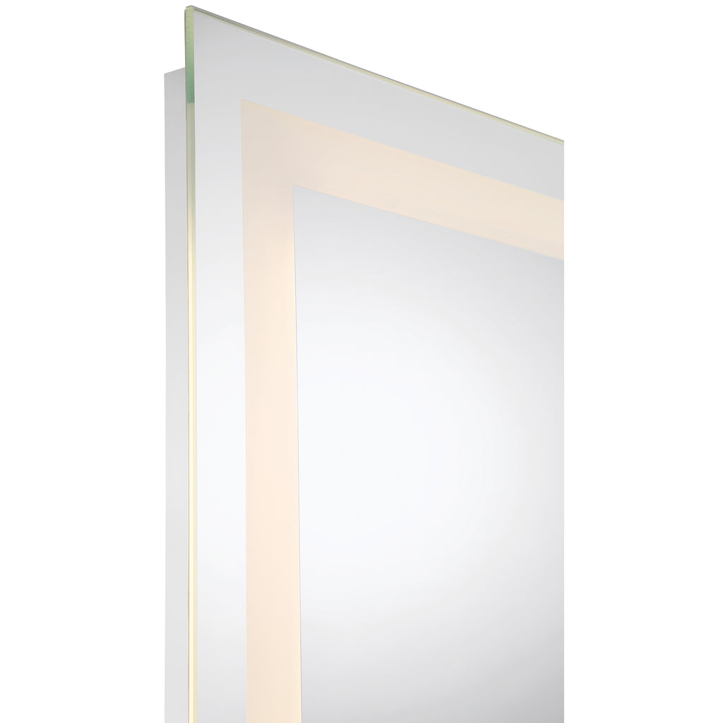 Peninsula 36x48 LED Mirror by Access Lighting, featuring a rectangular design with a frosted border and built-in LED lighting along the edges, shown at an angle against a white background.