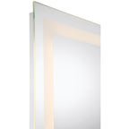 Peninsula 36x48 LED Mirror by Access Lighting, featuring a rectangular design with a frosted border and built-in LED lighting along the edges, shown at an angle against a white background.