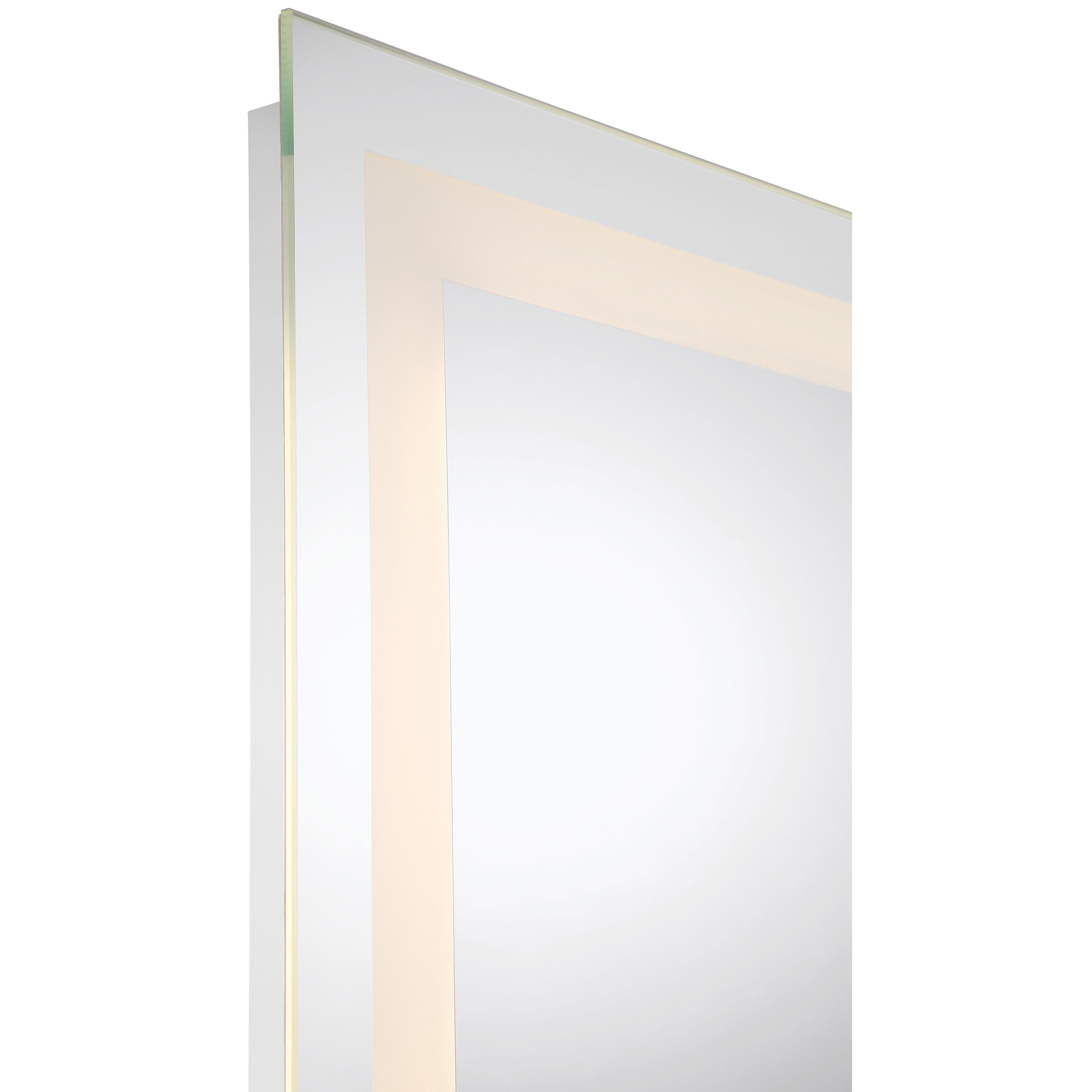 Peninsula 36x48 LED Mirror by Access Lighting, featuring a rectangular design with a frosted border and built-in LED lighting along the edges, shown at an angle against a white background.