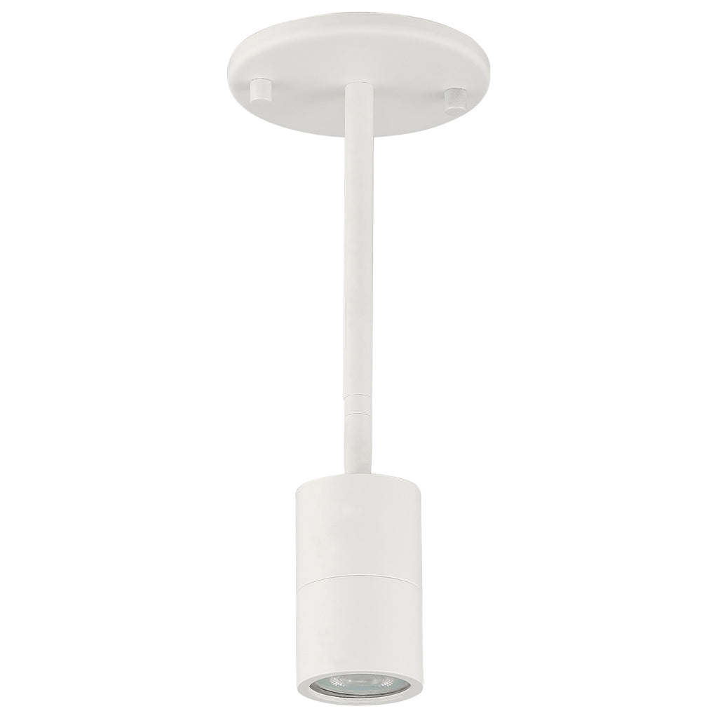 The Cafe Dual Mount 1 Light LED Wall or Ceiling Spotlight by Access Lighting features a matte white cylindrical light housing attached to a straight rod and round base.