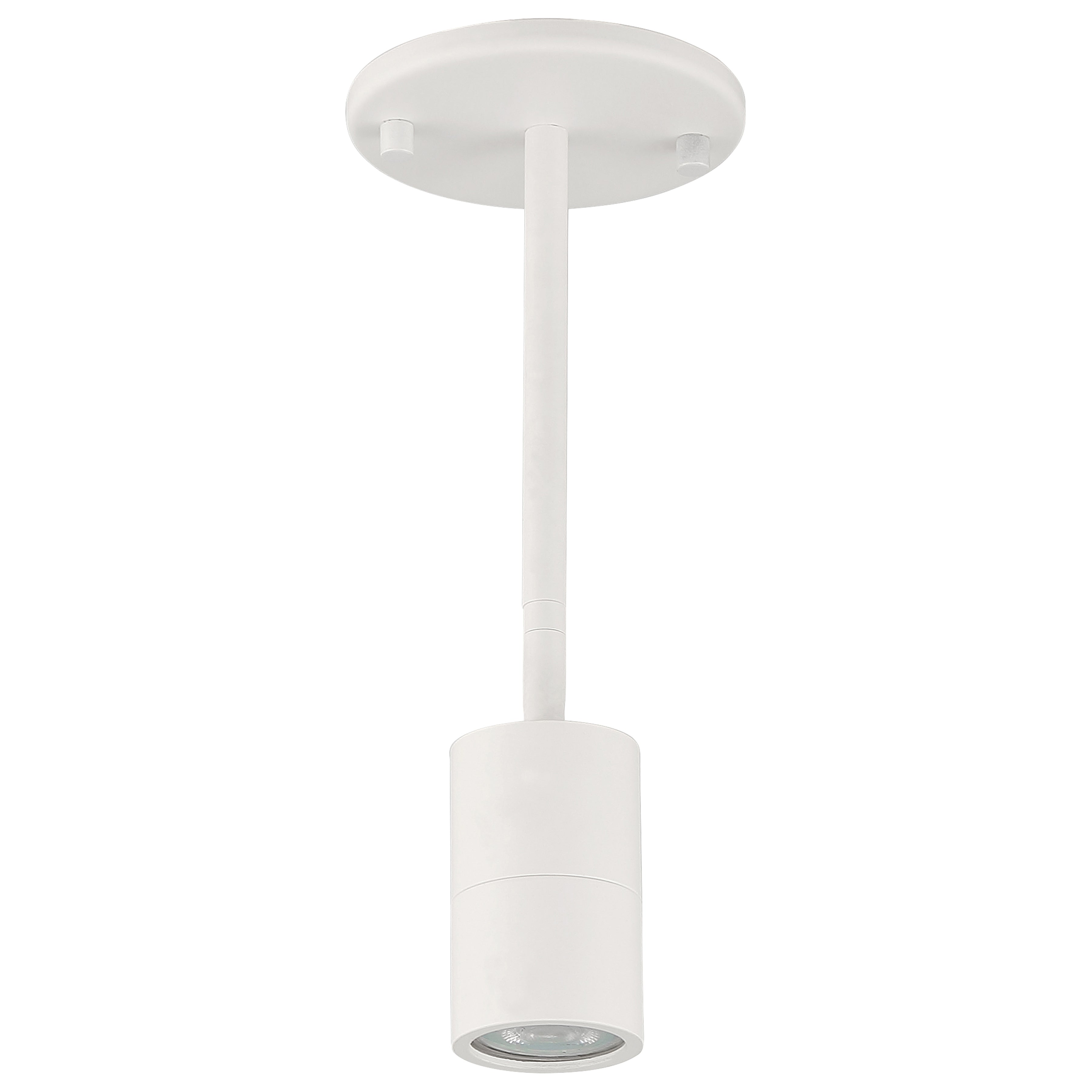The Cafe Dual Mount 1 Light LED Wall or Ceiling Spotlight by Access Lighting features a matte white cylindrical light housing attached to a straight rod and round base.