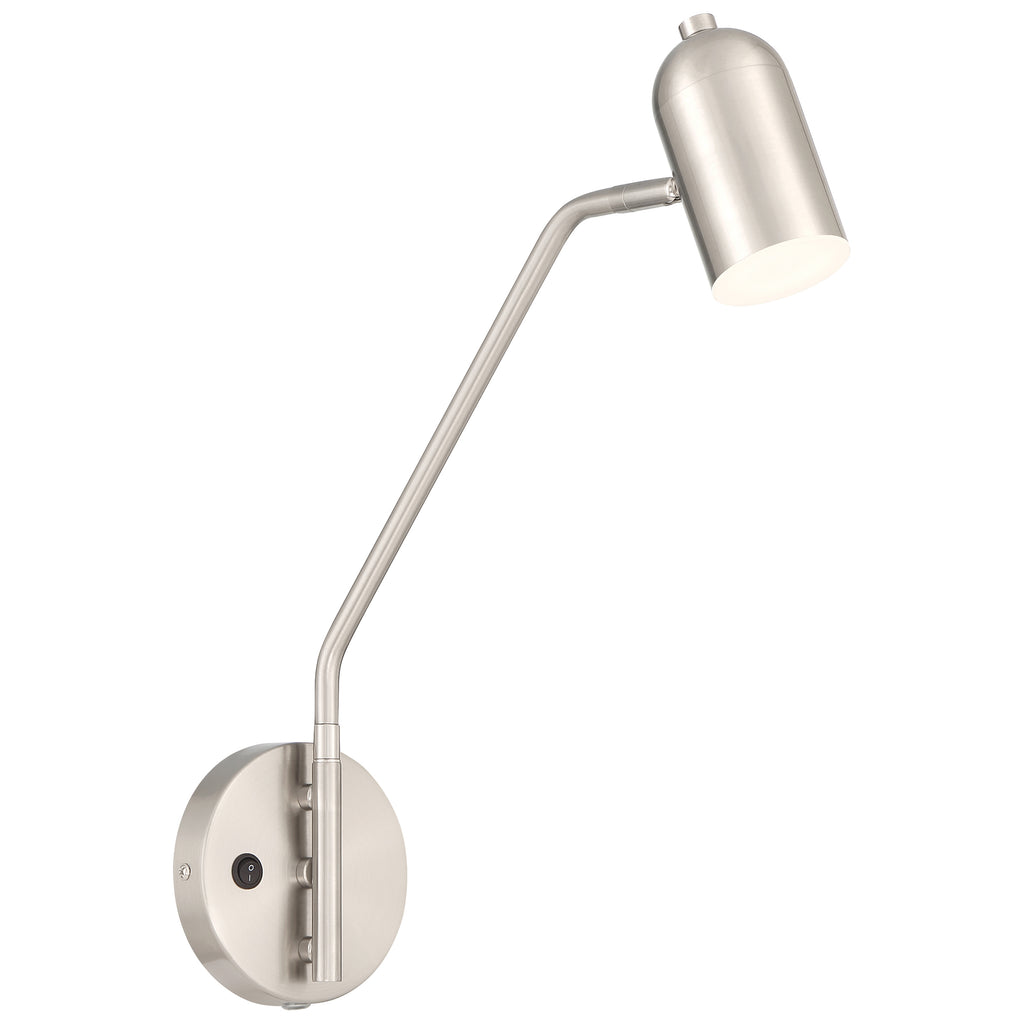 The Lizbo LED Reading Light by Access Lighting features a brushed steel finish, a wall-mounted design with an adjustable angled arm, a cylindrical shade, and a round base with a visible switch.