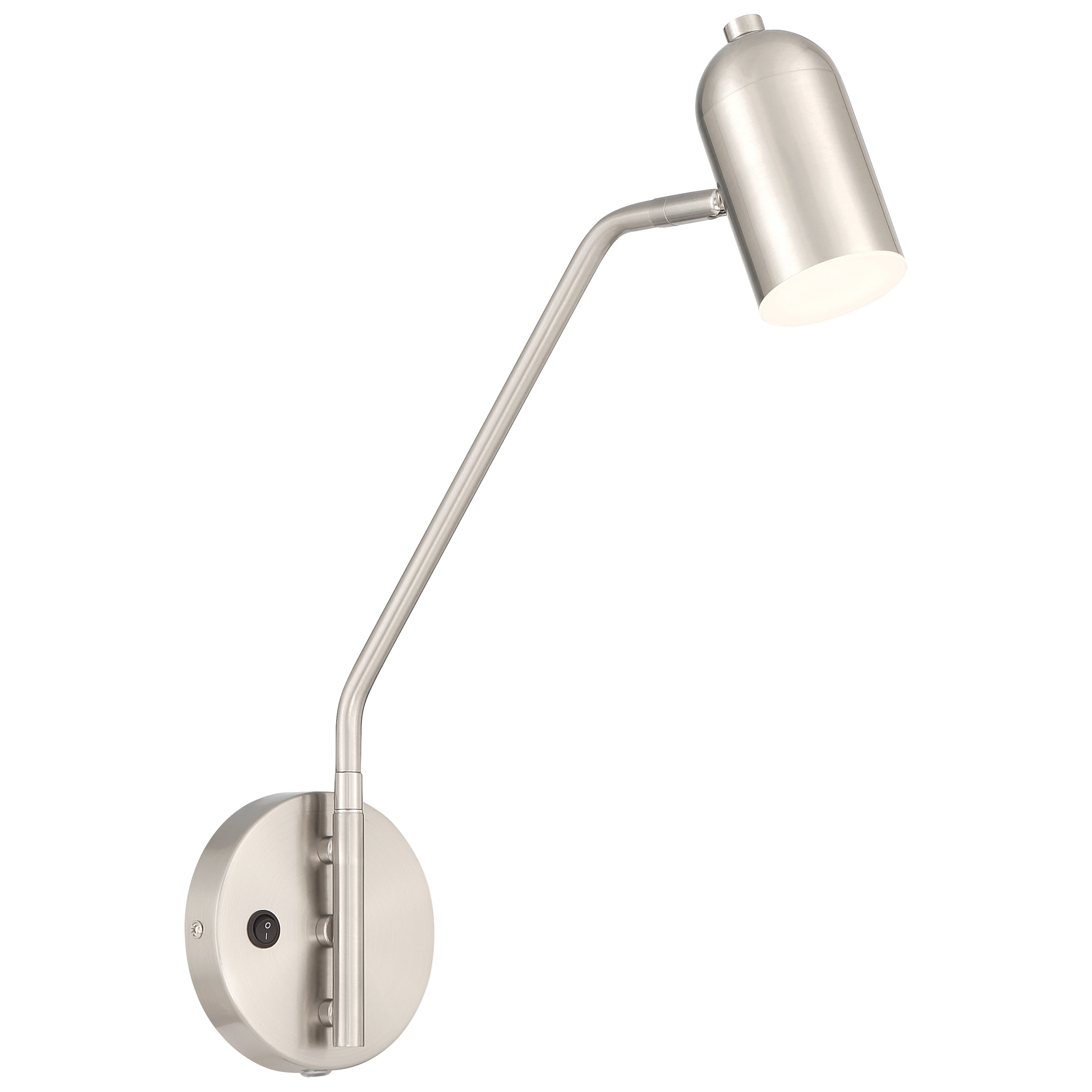 The Lizbo LED Reading Light by Access Lighting features a brushed steel finish, a wall-mounted design with an adjustable angled arm, a cylindrical shade, and a round base with a visible switch.