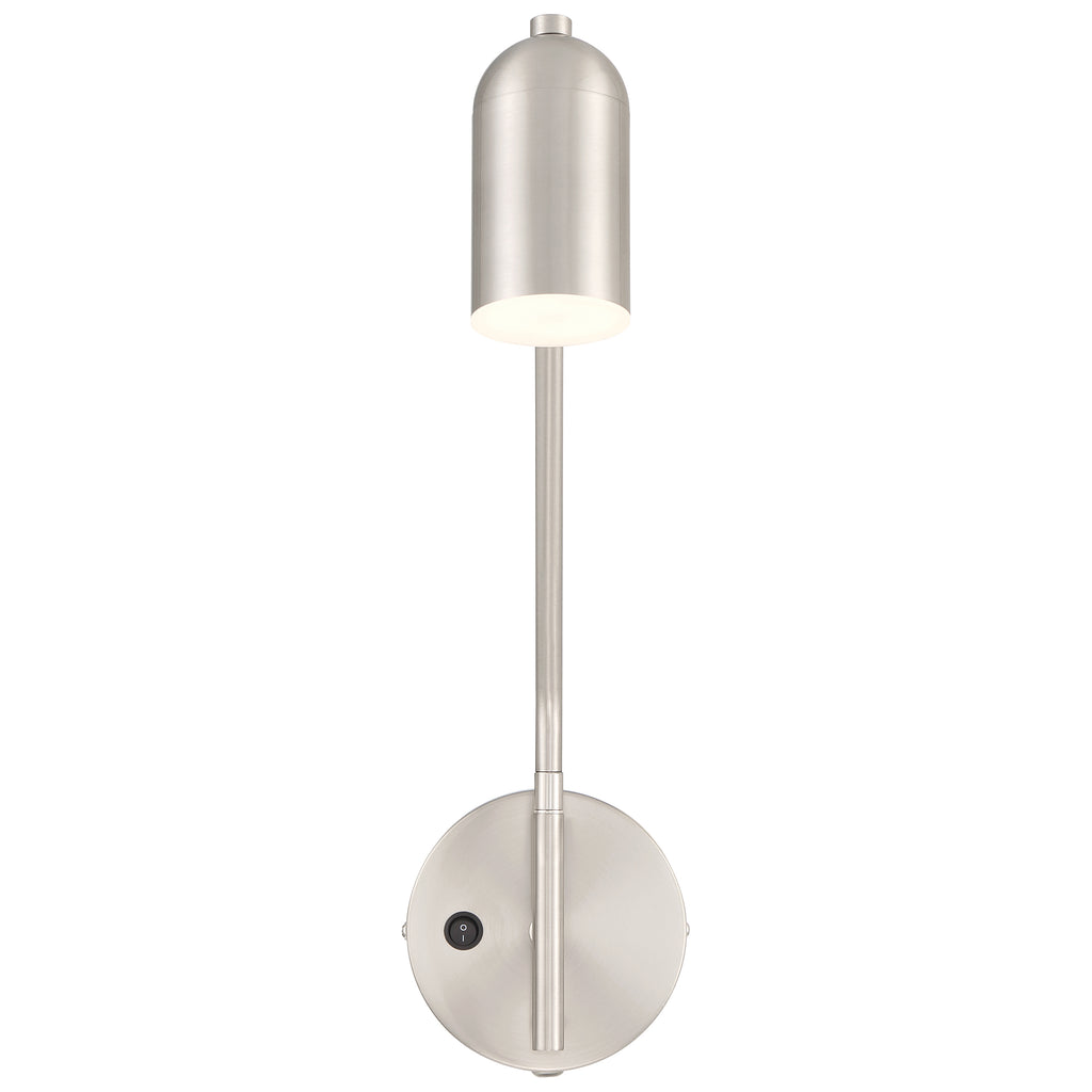 The Lizbo LED Reading Light by Access Lighting is a wall-mounted brushed steel sconce with a cylindrical shade, straight rod, and round base featuring a small button.