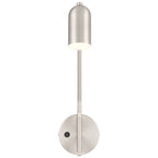 The Lizbo LED Reading Light by Access Lighting is a wall-mounted brushed steel sconce with a cylindrical shade, straight rod, and round base featuring a small button.