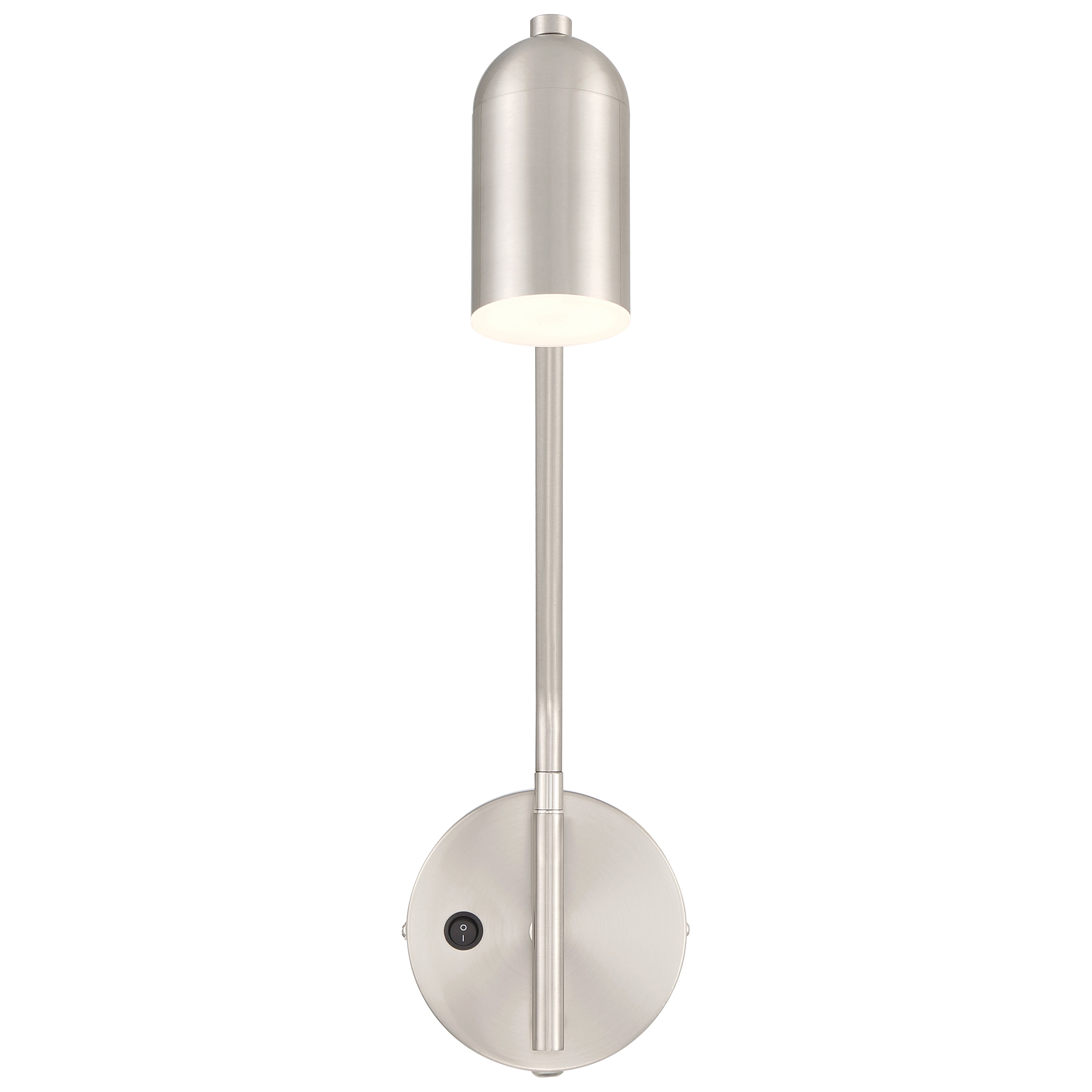 The Lizbo LED Reading Light by Access Lighting is a wall-mounted brushed steel sconce with a cylindrical shade, straight rod, and round base featuring a small button.