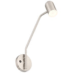 The Lizbo LED Reading Light by Access Lighting features a modern, wall-mounted design with a cylindrical head, a brushed steel finish, and a round base that includes a visible power button.