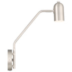 The Lizbo LED Reading Light by Access Lighting features a brushed steel finish, a wall-mounted adjustable design with an angled arm, and a cylindrical shade, displayed against a white background.