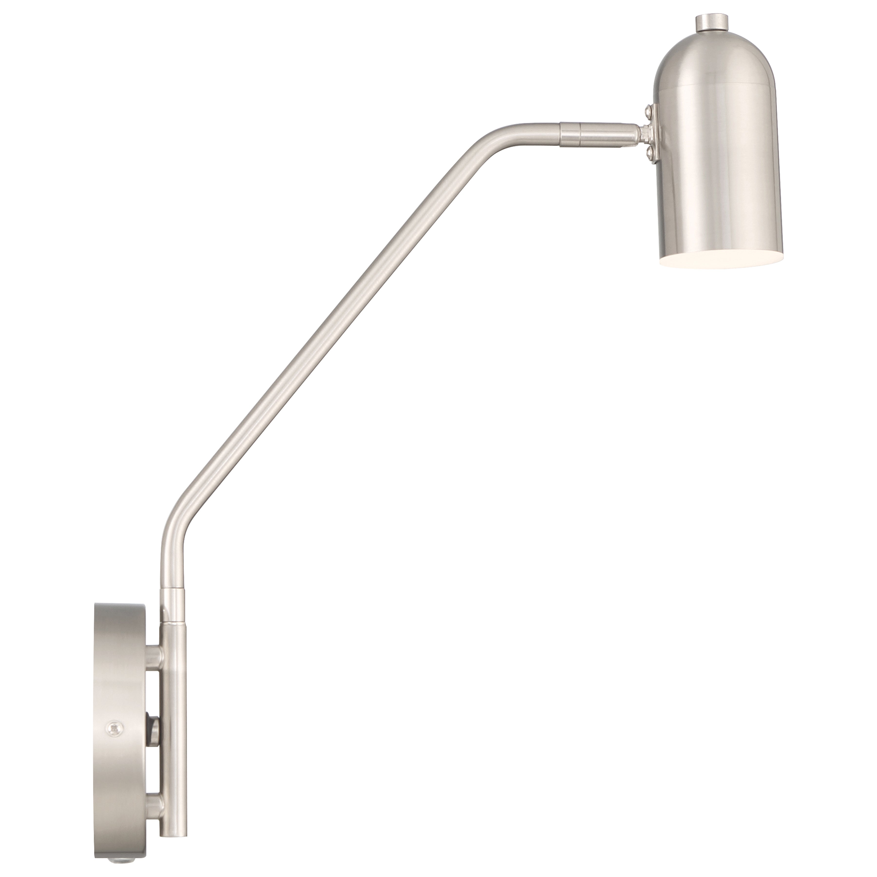 The Lizbo LED Reading Light by Access Lighting features a brushed steel finish, a wall-mounted adjustable design with an angled arm, and a cylindrical shade, displayed against a white background.