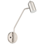 The Lizbo LED Reading Light by Access Lighting features a modern brushed steel finish, an adjustable angled arm, and a cylindrical shade mounted on a round base with a visible on-off switch.