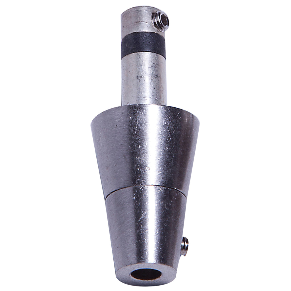 A close-up of the Access Lighting UniJack 12v UJ Pendant Connector in brushed steel, featuring a metallic, cone-shaped design with screws and a cylindrical top, isolated on a white background.