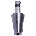 A close-up of the Access Lighting UniJack 12v UJ Pendant Connector in brushed steel, featuring a metallic, cone-shaped design with screws and a cylindrical top, isolated on a white background.