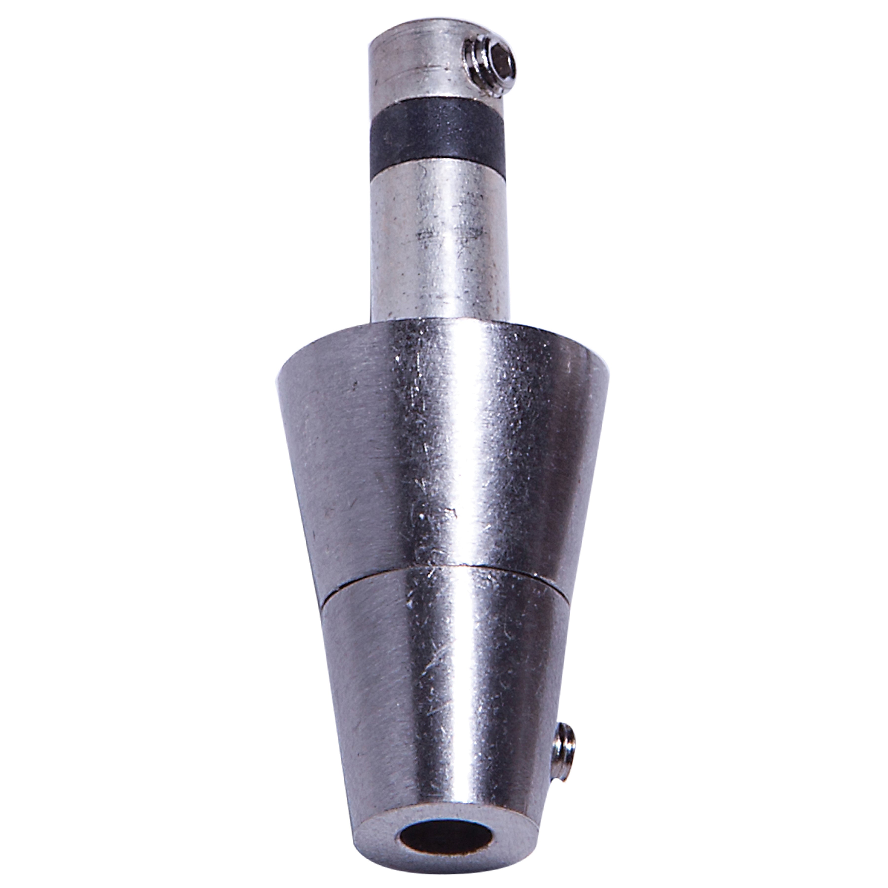 A close-up of the Access Lighting UniJack 12v UJ Pendant Connector in brushed steel, featuring a metallic, cone-shaped design with screws and a cylindrical top, isolated on a white background.