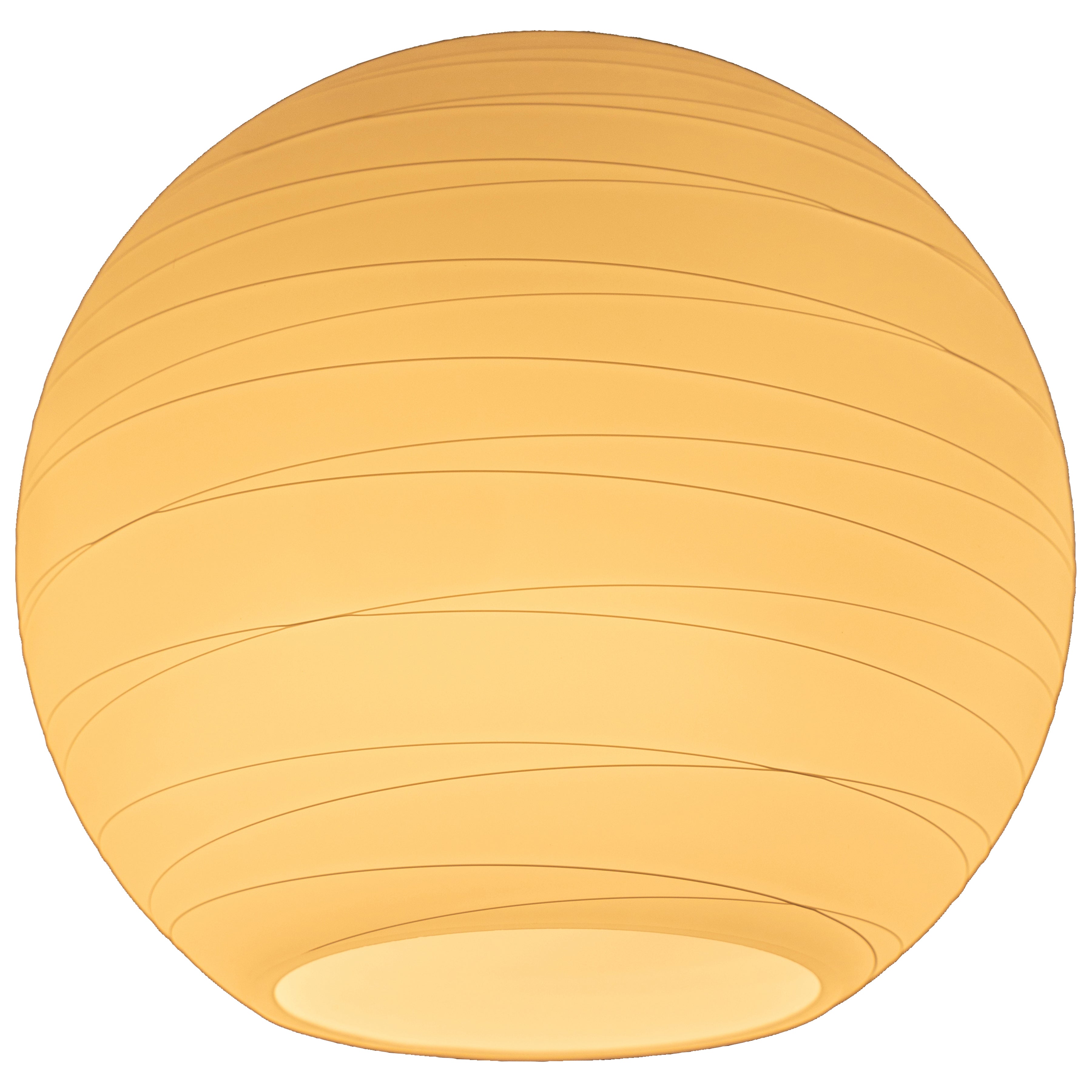 A spherical, cream-colored ceiling lamp with a ribbed surface from Access Lighting’s Japanese Glass collection is illuminated against a white background.