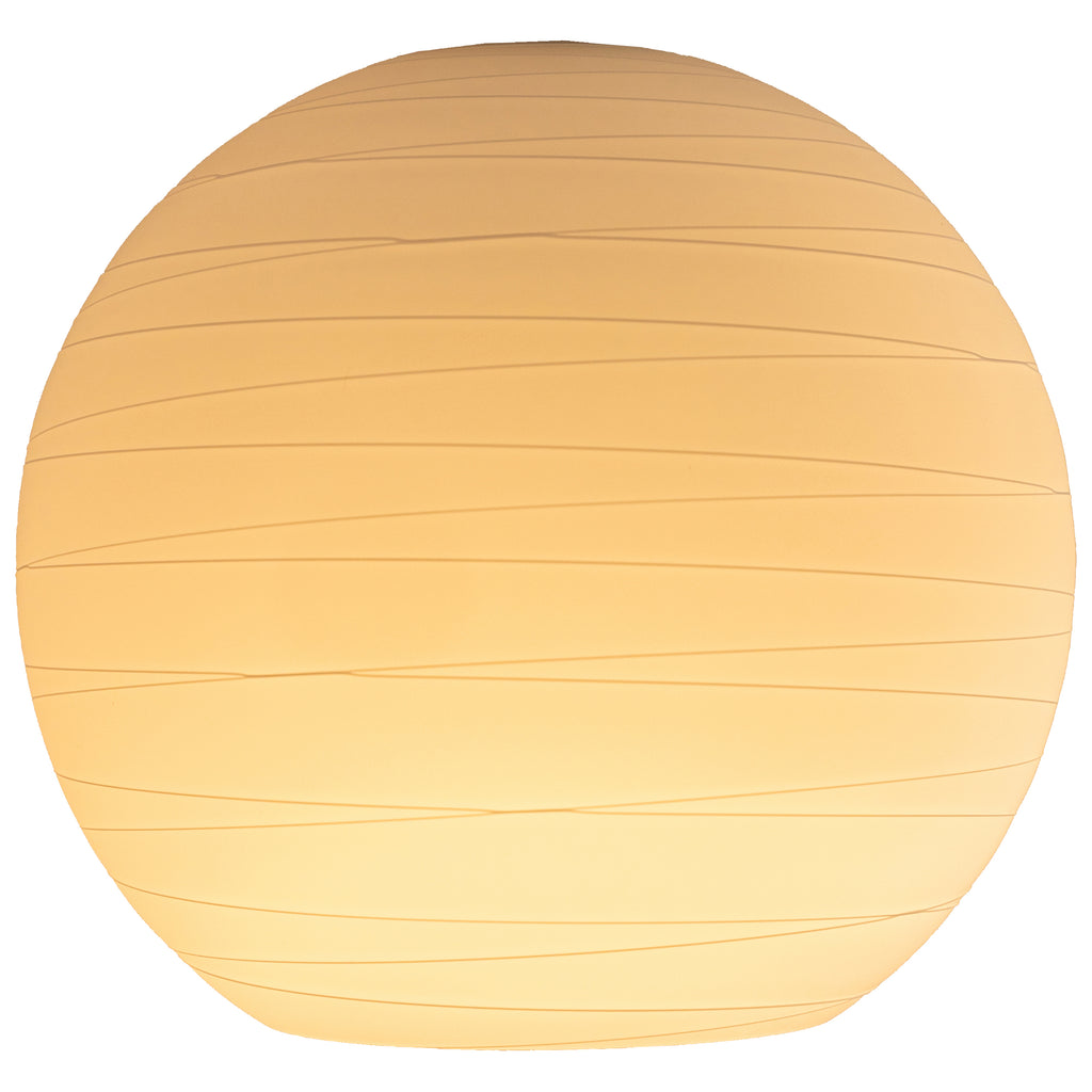 A round Japanese Glass lantern by Access Lighting, featuring horizontal ridges and illuminated from within, is set against a white background.