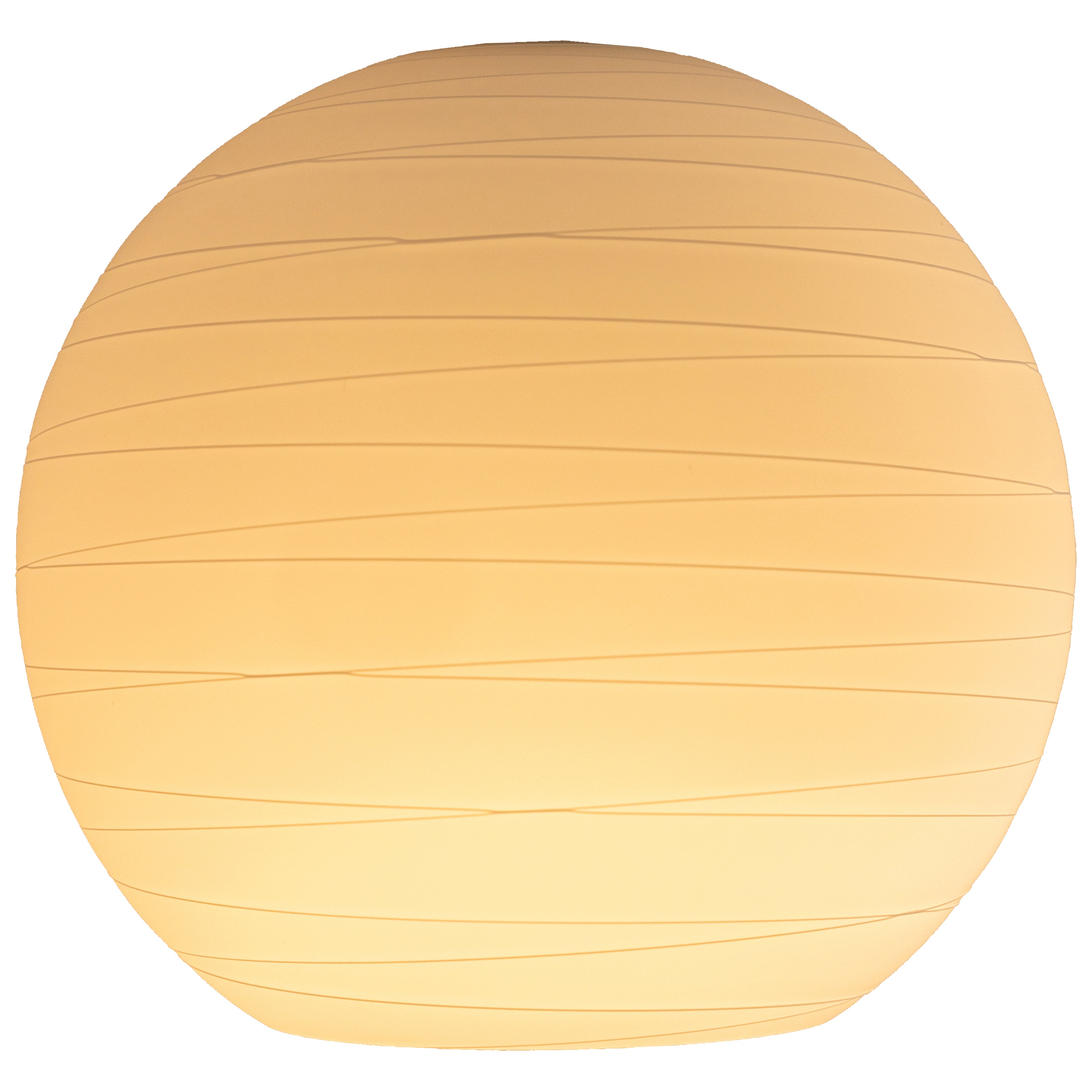 A round Japanese Glass lantern by Access Lighting, featuring horizontal ridges and illuminated from within, is set against a white background.