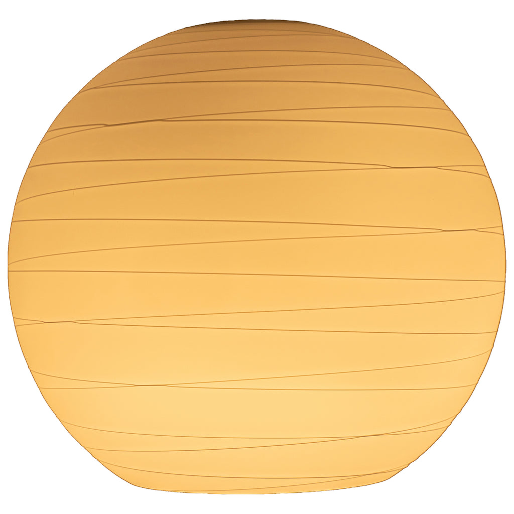 A spherical, orange-hued Japanese Glass lantern by Access Lighting, featuring horizontal ridges, is shown against a white background.