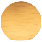 A spherical, orange-hued Japanese Glass lantern by Access Lighting, featuring horizontal ridges, is shown against a white background.