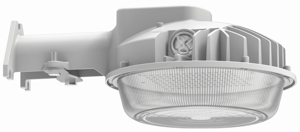 GradeONE 30W Selectable LED Dusk to Dawn Light featuring a ribbed glass cover and durable metal housing, designed for exterior building illumination as an outdoor wall-mounted fixture.