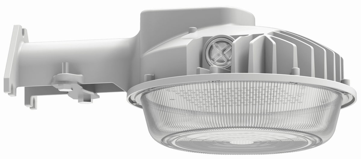 GradeONE 30W Selectable LED Dusk to Dawn Light featuring a ribbed glass cover and durable metal housing, designed for exterior building illumination as an outdoor wall-mounted fixture.