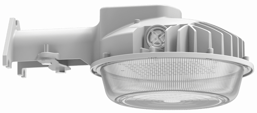 GradeONE 30W Selectable LED Dusk to Dawn Light featuring a ribbed glass cover and durable metal housing, designed for exterior building illumination as an outdoor wall-mounted fixture.