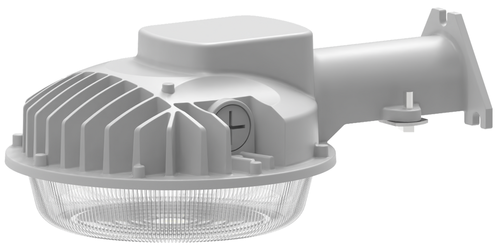 GradeONE 30W Selectable LED Dusk to Dawn Light features a gray outdoor wall-mounted design with a finned heatsink and a clear ribbed lens.