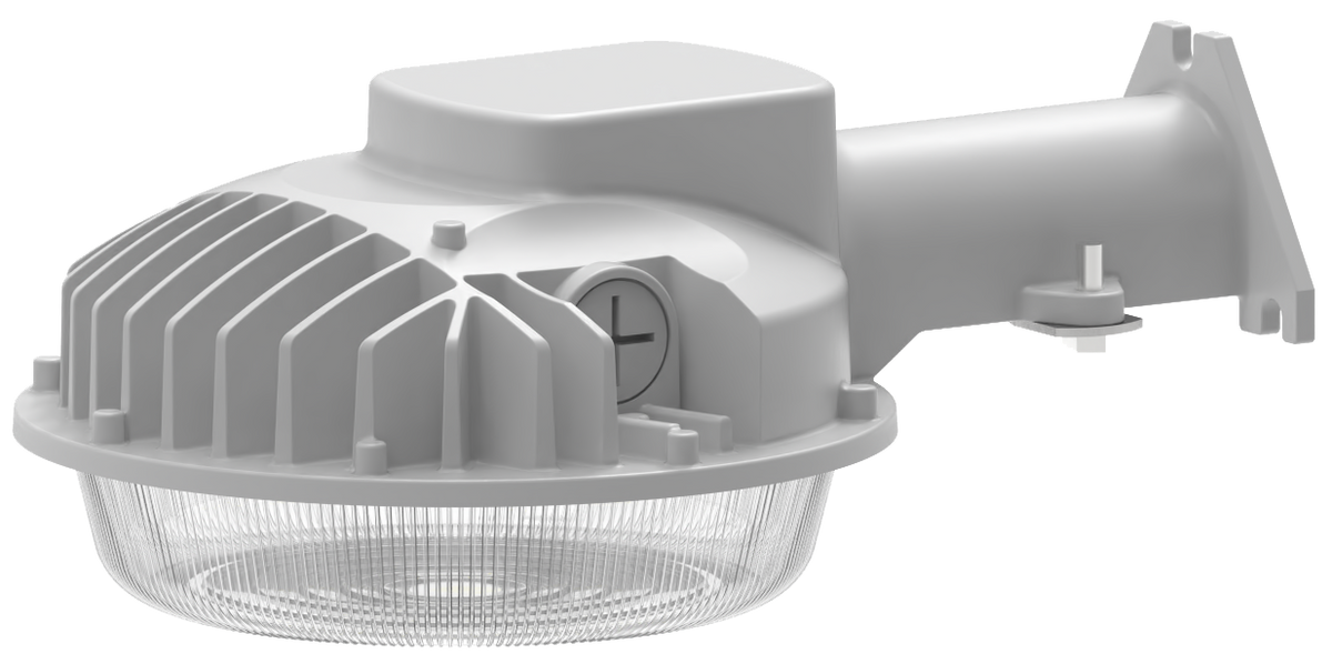 GradeONE 30W Selectable LED Dusk to Dawn Light features a gray outdoor wall-mounted design with a finned heatsink and a clear ribbed lens.
