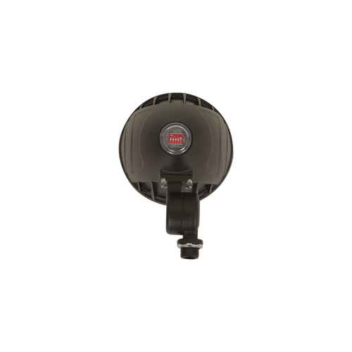 Front view of the GradeONE 35W Selectable LED Flood Light — Narrow in black, featuring a central red light and attached to a metal mounting bracket, displayed against a plain white background.