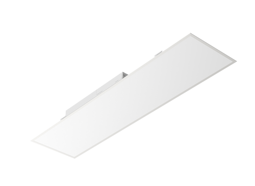 GradeONE 50W Selectable 1x4 LED Backlit Panel with a slim white frame, mounted on a white ceiling and viewed from a low angle.